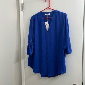 Blue Ruched 3/4 Sleeve Relaxed Blouse